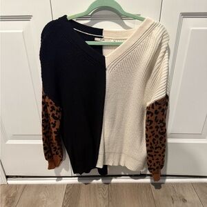 Black and Cream V-Neck Sweater with Leopard Sleeves